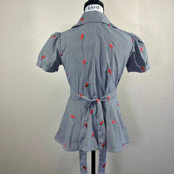 Hemet Gingham and Cherries Peplum Top size S pin up doll barbie Grease pink lady - Picture 2 of 16
